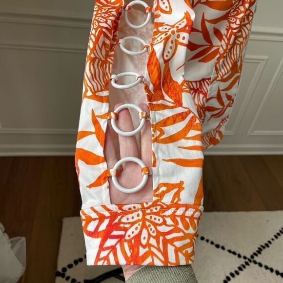 Joseph Ribkoff Skirt Suit Cut Out Jacket Orange Abstract Print 12 - Picture 4 of 15